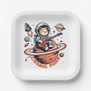 Cosmic Purr - Astro Guitarist Cat Paper Plate