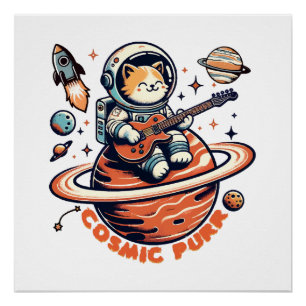 Cosmic Purr - Astro Guitarist Cat Poster