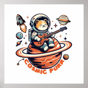Cosmic Purr - Astro Guitarist Cat Poster
