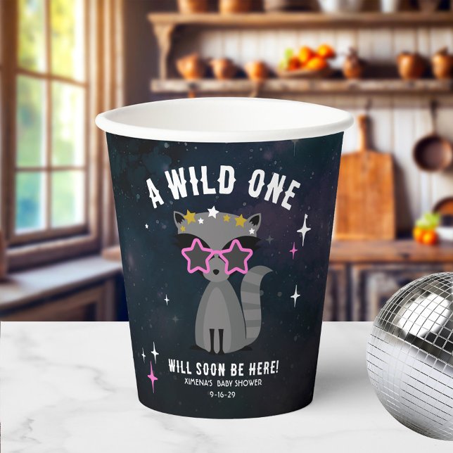 Cosmic Racoon Wild One Pink Girl Baby Shower Paper Cups (Creator Uploaded)