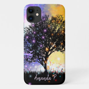 Cosmic rainbow sky with black silhouette tree Case-Mate iPhone case