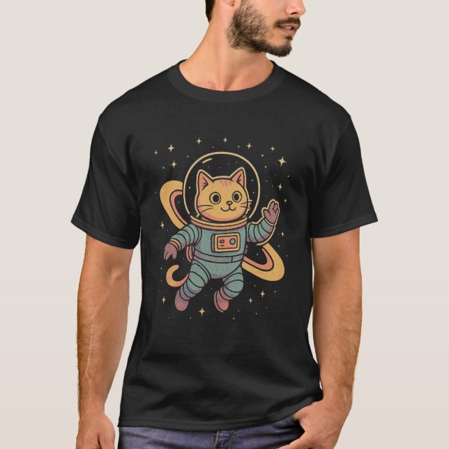 Cosmic Retro Cat – Vintage Space T-Shirt (Front)