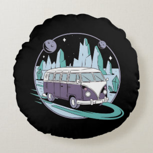 Cosmic Road Trip – Retro Van Under the Stars Round Cushion