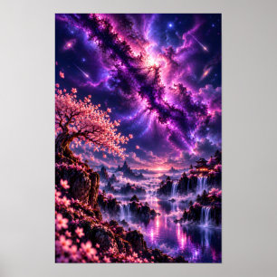 Cosmic Sakura: Celestial Lake Fantasy Galaxy Art Poster