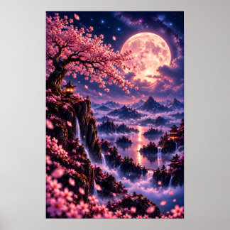 Cosmic Sakura: Moonlit Blossoms Fantasy Space Art Poster