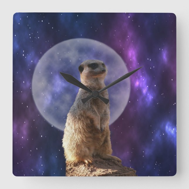 Cosmic Sentinel: Meerkat Under the Full Moon  Square Wall Clock (Front)