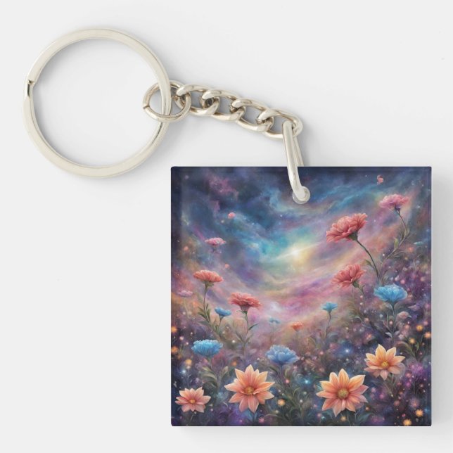 Cosmic sky with fantasy flowers key ring (Front)