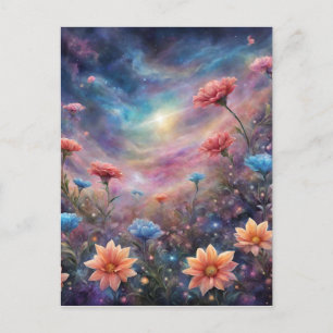 Cosmic sky with fantasy flowers postcard