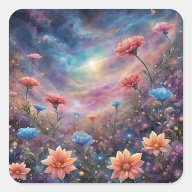 Cosmic sky with fantasy flowers square sticker (Front)