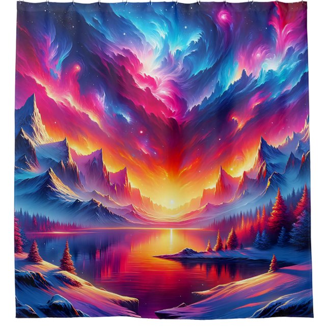 “Cosmic Sky with Fiery Sunset" Shower Curtain (Front)
