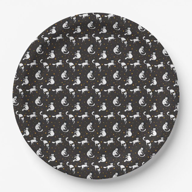 Cosmic space cats and stars pattern paper plate (Front)