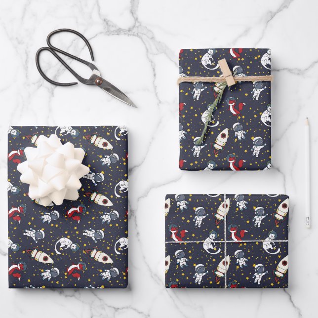 Cosmic space man fox cat stars pattern wrapping paper sheet (Front)