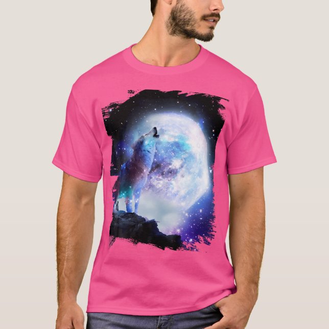 Cosmic Space Wolf Wolves Howling At Moon T-Shirt (Front)