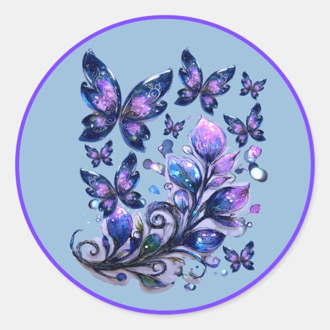 Cosmic Sparkle Butterflies Blue Classic Round Sticker (Front)