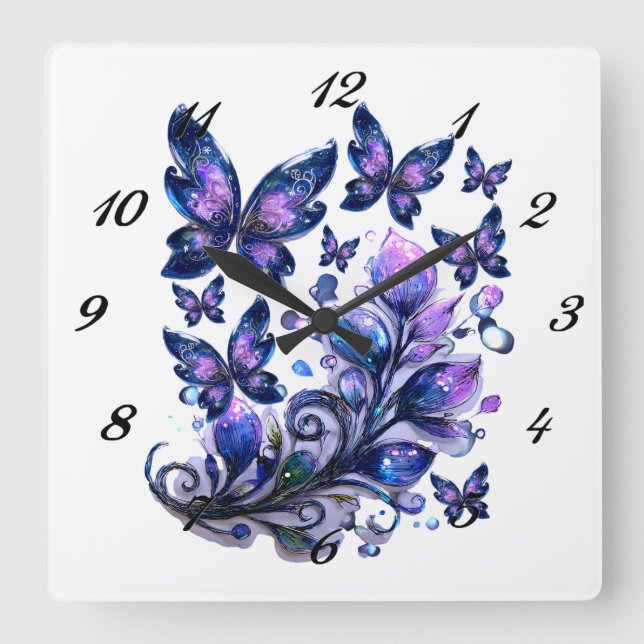 Cosmic Sparkle Butterflies Square Wall Clock (Front)
