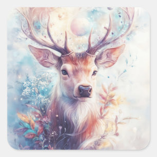 Cosmic Stag Surrounded by Heavenly Leaves Square Sticker