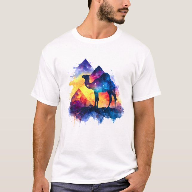 Cosmic Starry Night Egyptian Camel Landscape T-Shirt (Front)