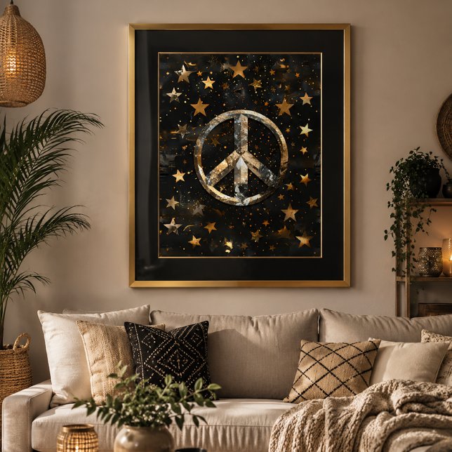Cosmic Starry Peace Symbol Poster (Modern boho living room with this framed peace poster, warm neutrals, and inviting textures.)