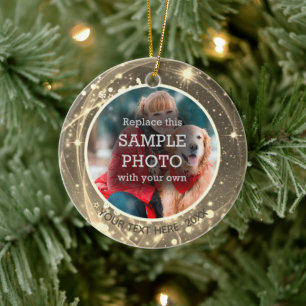 Cosmic Stars Gold Two Photo Ceramic Tree Decoration