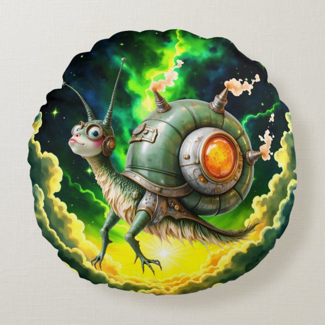 Cosmic Steampunk Snailbird – Neon Dream Creature.  Round Cushion (Front)
