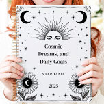 Cosmic Sun and Moon Custom Name Manifestation  Planner<br><div class="desc">This inspiring design features celestial elements like the sun, moon, and stars, surrounded by elegant sunflower illustrations in a minimalist black-and-white style. The phrase "Cosmic Dreams and Daily Goals" adds a motivational touch, encouraging focus and intention. Personalised with a custom name and year, it’s perfect for astrology enthusiasts, dreamers, or...</div>