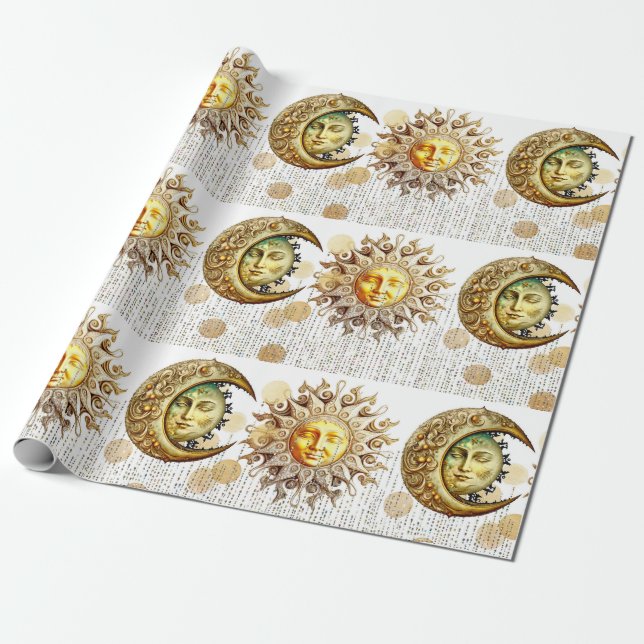 Cosmic Sun and Moon Gold Wrapping Paper (Unrolled)