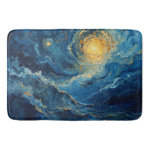 Cosmic Swirls: Ethereal Indigo & Gold Art Bath Mat