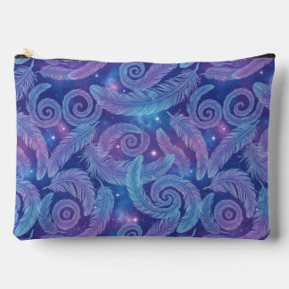 Cosmic Teal-Purple Feather Swirl Pattern Accessory Pouch