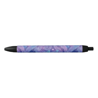 Cosmic Teal-Purple Feather Swirl Pattern Black Ink Pen