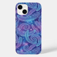 Cosmic Teal-Purple Feather Swirl Pattern