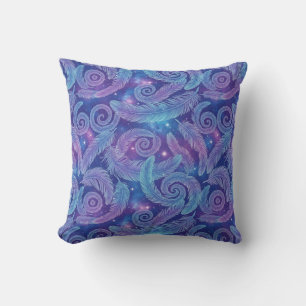 Cosmic Teal-Purple Feather Swirl Pattern Cushion
