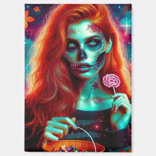 Cosmic Teal Sugar Skull Candy Girl Square Magnet
