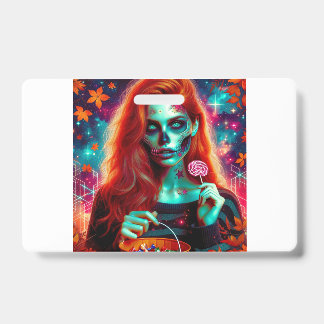 Cosmic Teal Sugar Skull Candy Girl Square Magnet ID Badge