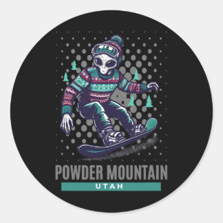 Cosmic Thrills - Alien Snowboarding In Powder Moun Classic Round Sticker