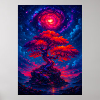 Cosmic Tree of Life under Galaxy Sky Fantasy Poster