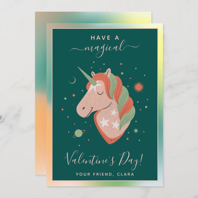 Cosmic Unicorn Kids Classroom Valentine's Day Star Holiday Card (Front/Back)