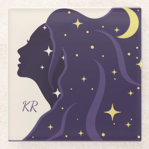Cosmic Universe Lady Purple Gold Stars Personalise Glass Coaster
