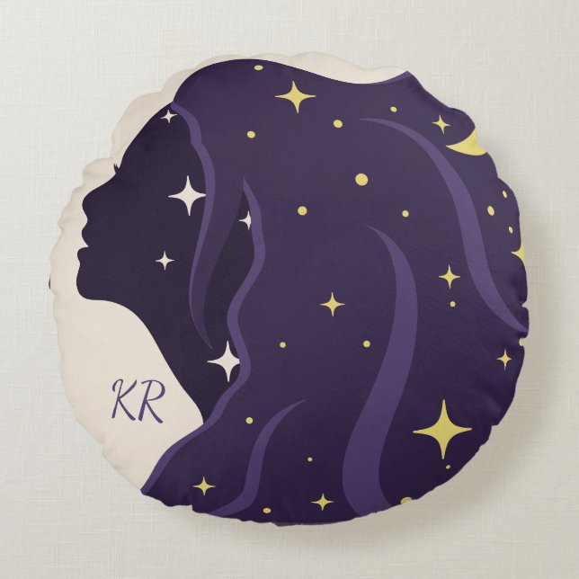 Cosmic Universe Lady Purple Gold Stars Personalise Round Cushion (Front)
