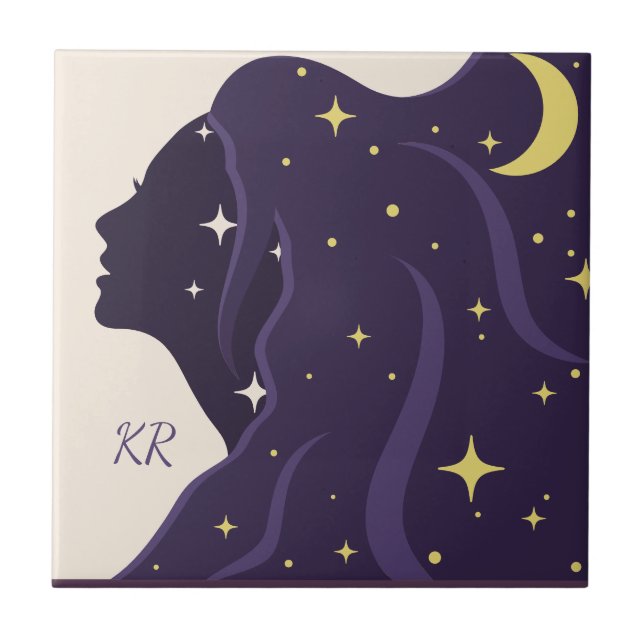 Cosmic Universe Lady Purple Gold Stars Personalise Tile (Front)
