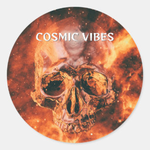 Cosmic Vibes. Flaming skull in space Classic Round Sticker