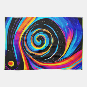 Cosmic Vortex Swirl in Neon Hues Tea Towel