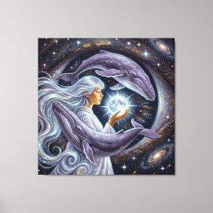 Cosmic Whale and the Girl – Spiritual Surreal Fant Canvas Print