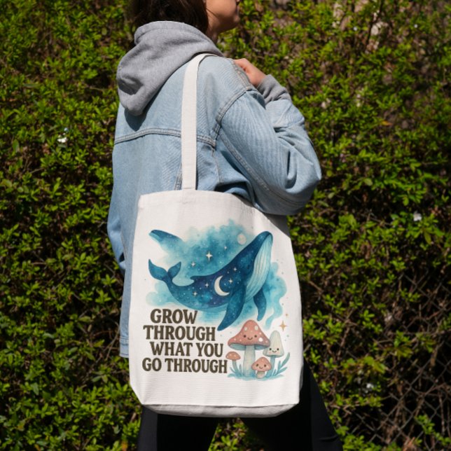 Cosmic Whale & Mushrooms Tote Bag (“Grow through what you go through — carry your resilience with style.”)