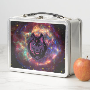 Cosmic Wolf, Purple Graphic Art, Galaxy Background Metal Lunch Box