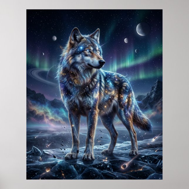 Cosmic Wolf Under Aurora Sky Poster (Front)