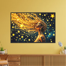 Cosmic woman with glowing starry golden hair