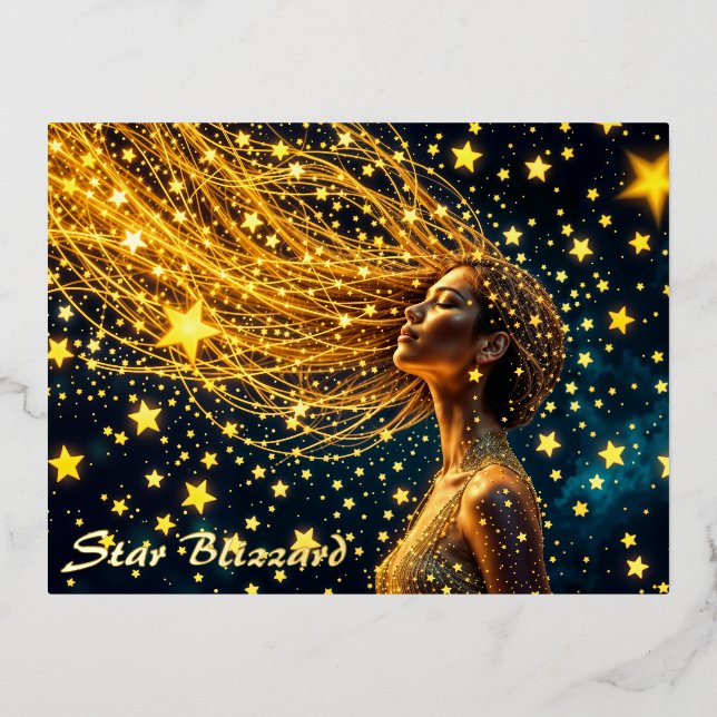 Cosmic woman with glowing starry golden hair foil holiday postcard (Front)