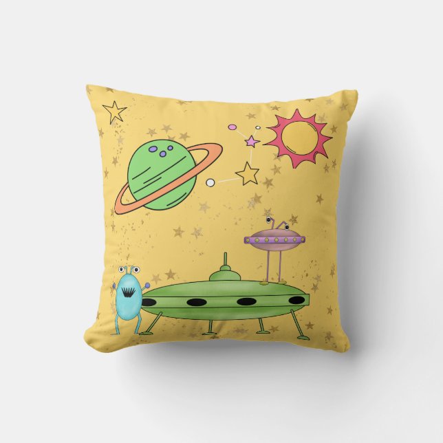 Cosmic World Aliens and UFO Yellow  Cushion (Front)