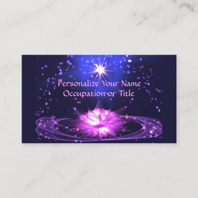 Cosmic Zen Purple Crystal Lotus Flower Stars Business Card (Front)