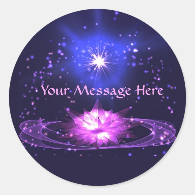 Cosmic Zen Purple Crystal Lotus Flower Stars Classic Round Sticker (Front)